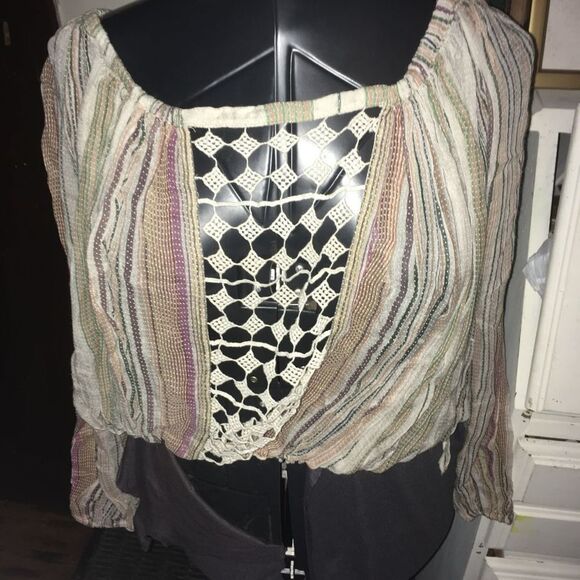 Free People One billowy striped boho crochet front XS/S crop top - Picture 1 of 3